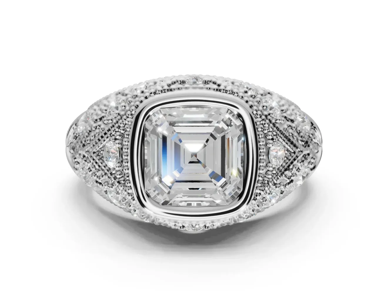 Asscher Cut Vintage Bezel Engagement Ring Setting | Beaded Paisley Shoulders | White Gold