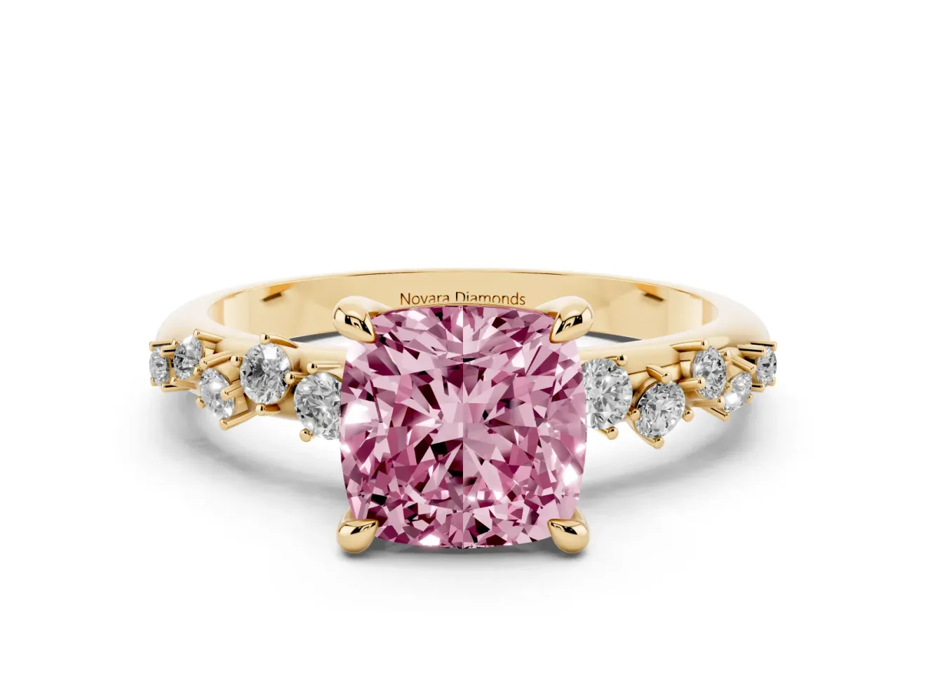 Fancy Pink Cushion Cut Diamond Solitaire Vine Band Ring Set in Yellow gold with Round Accents and Prong Setting