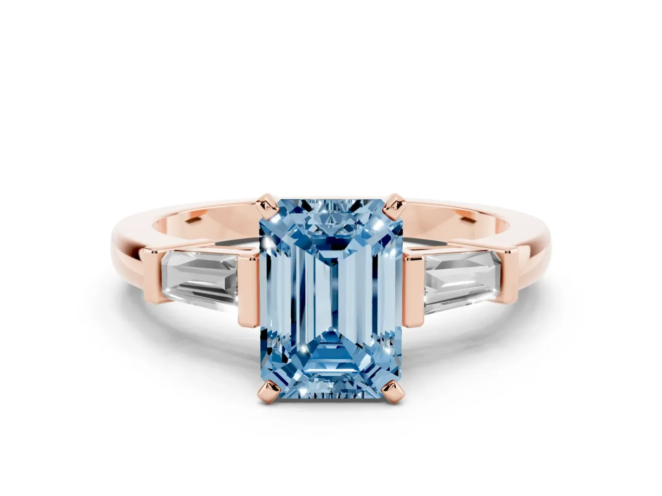 Fancy Blue Emerald Cut Diamond Solitaire Ring Set in Rose gold with Tapered Baguette Accents and Prong Setting