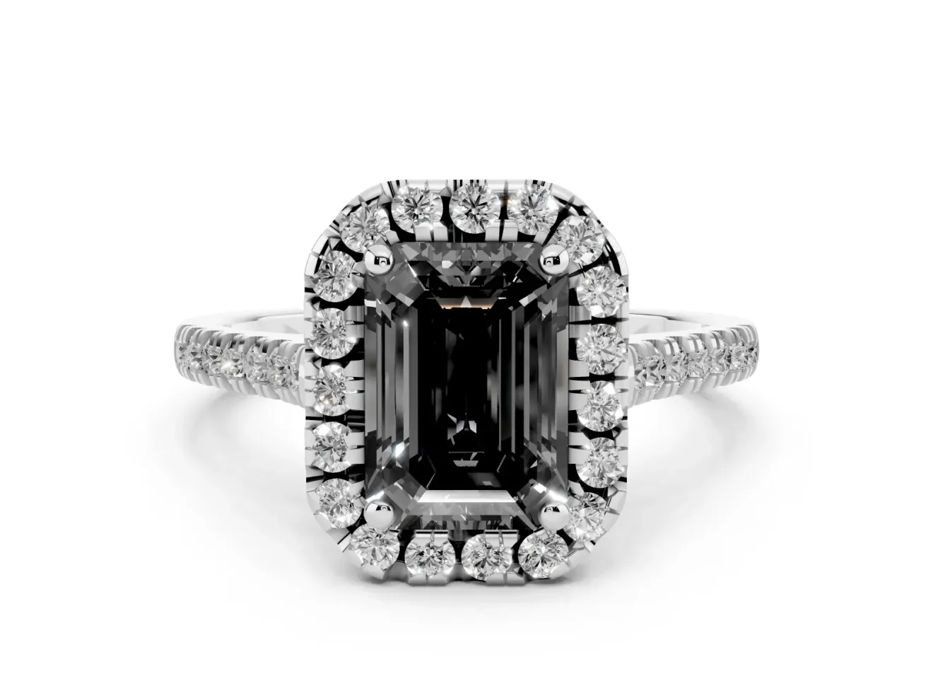 Emerald Cut Halo Engagement Ring Setting for a Black Center | Tapered Band | Sterling Silver