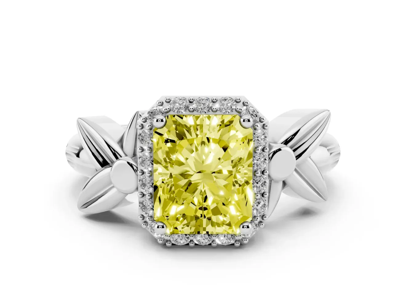 Radiant Cut Floral Halo Engagement Ring Setting for a Fancy Yellow Lab-Grown Diamond | Platinum