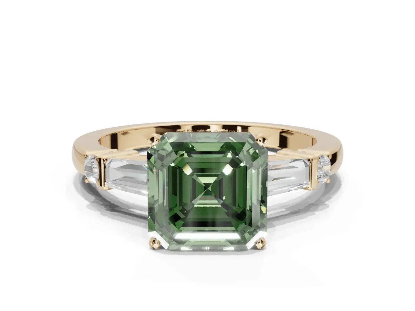 Asscher Cut Tapered Baguette Engagement Ring Setting for a Fancy Green Lab-Grown Diamond | Bar Set Sides | Yellow Gold