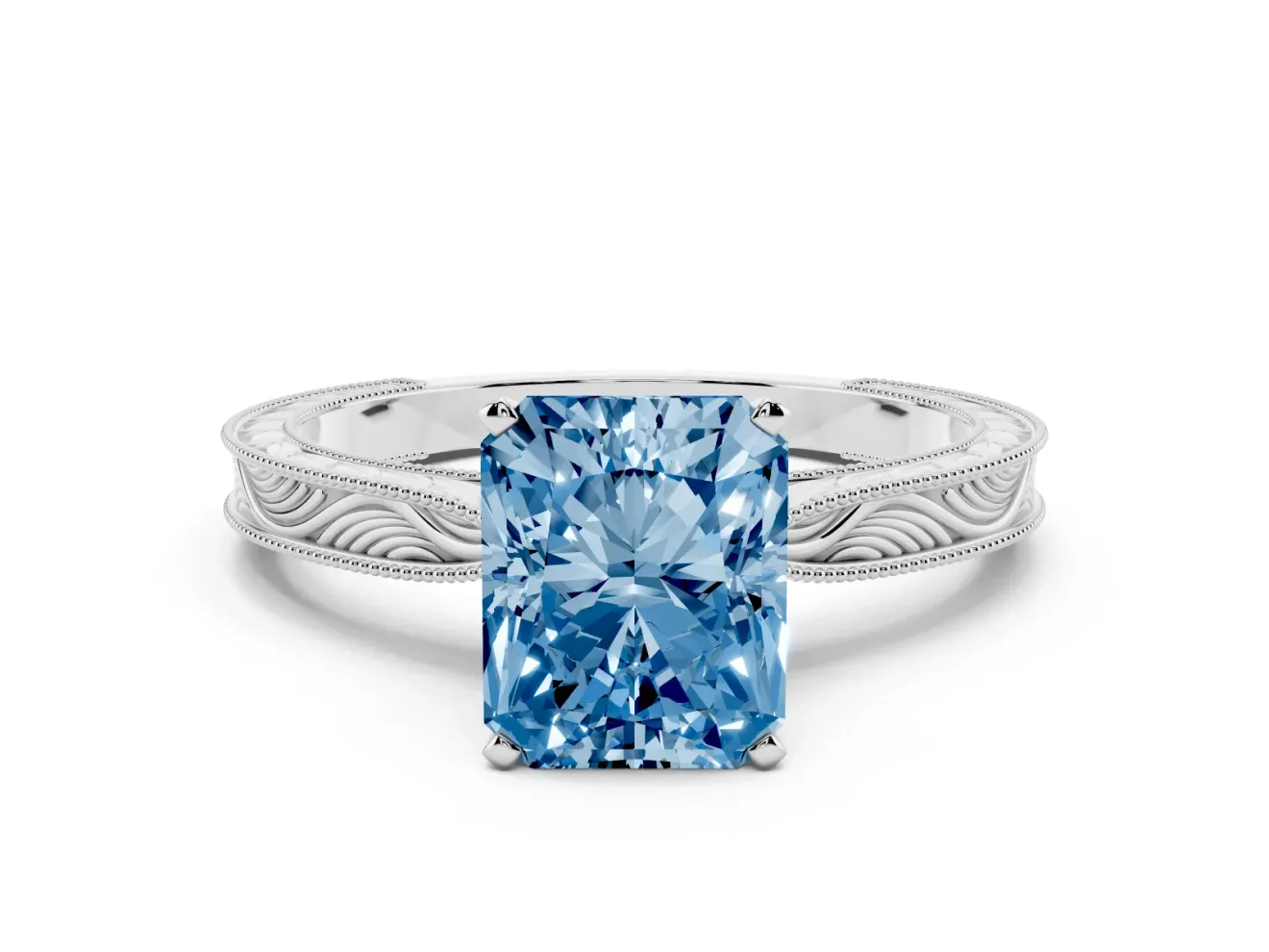 Radiant Cut Engraved Engagement Ring Setting for a Fancy Blue Lab-Grown Diamond | White Gold