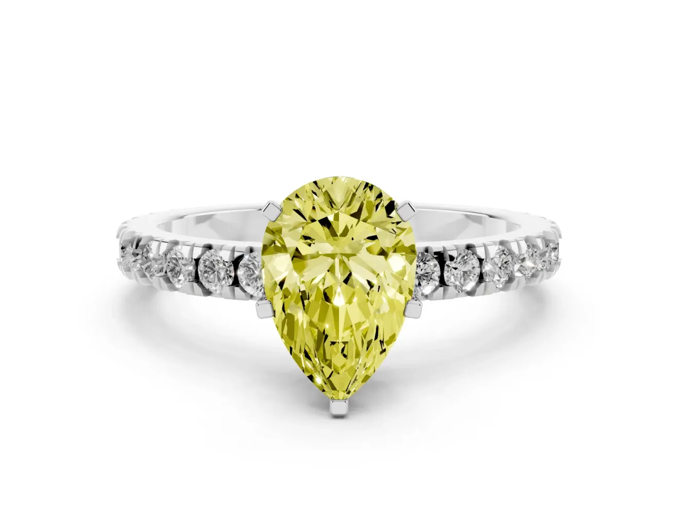 Fancy Yellow Pear Cut Diamond Pavé Band Solitaire Set in Platinum with Prong Setting