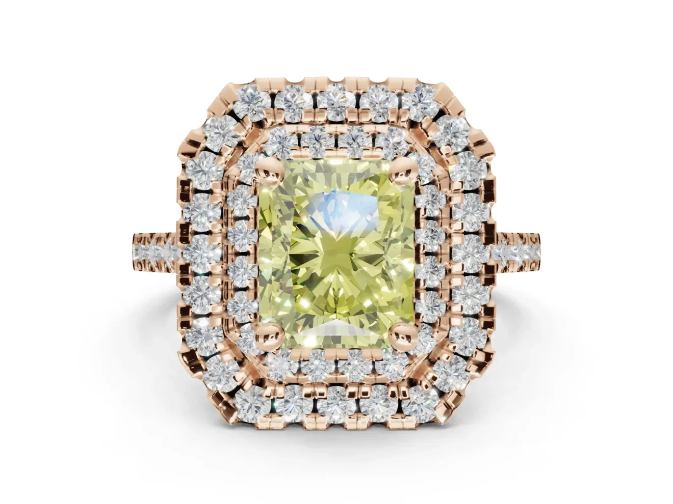 Radiant Cut Double Halo Engagement Ring Setting for a Fancy Yellow Lab-Grown Diamond | Pave Shoulders | Rose Gold