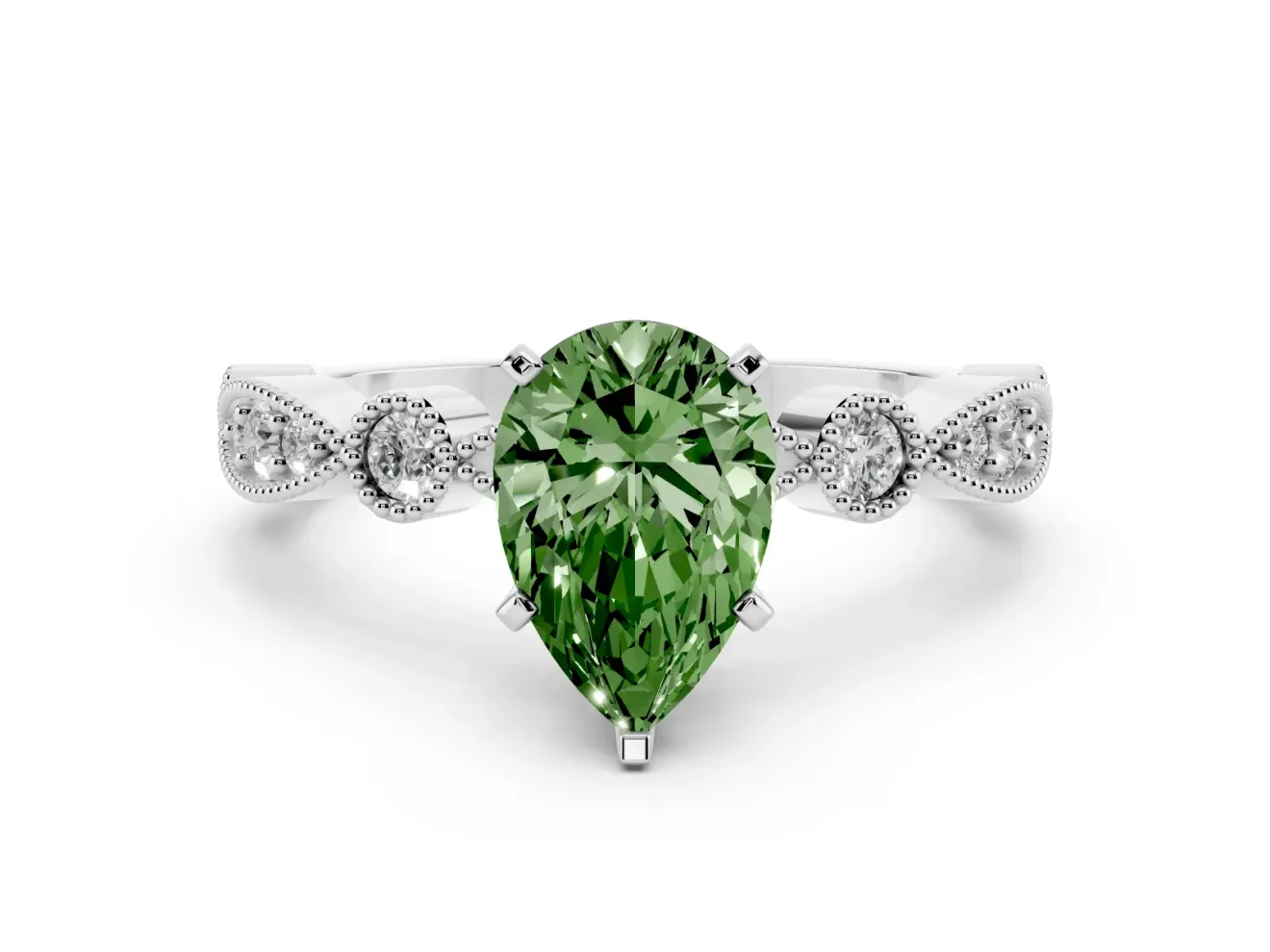 Fancy Green Pear Cut Diamond Solitaire Engagement Ring Set in Silver with Milgrain Bezel Accent Band