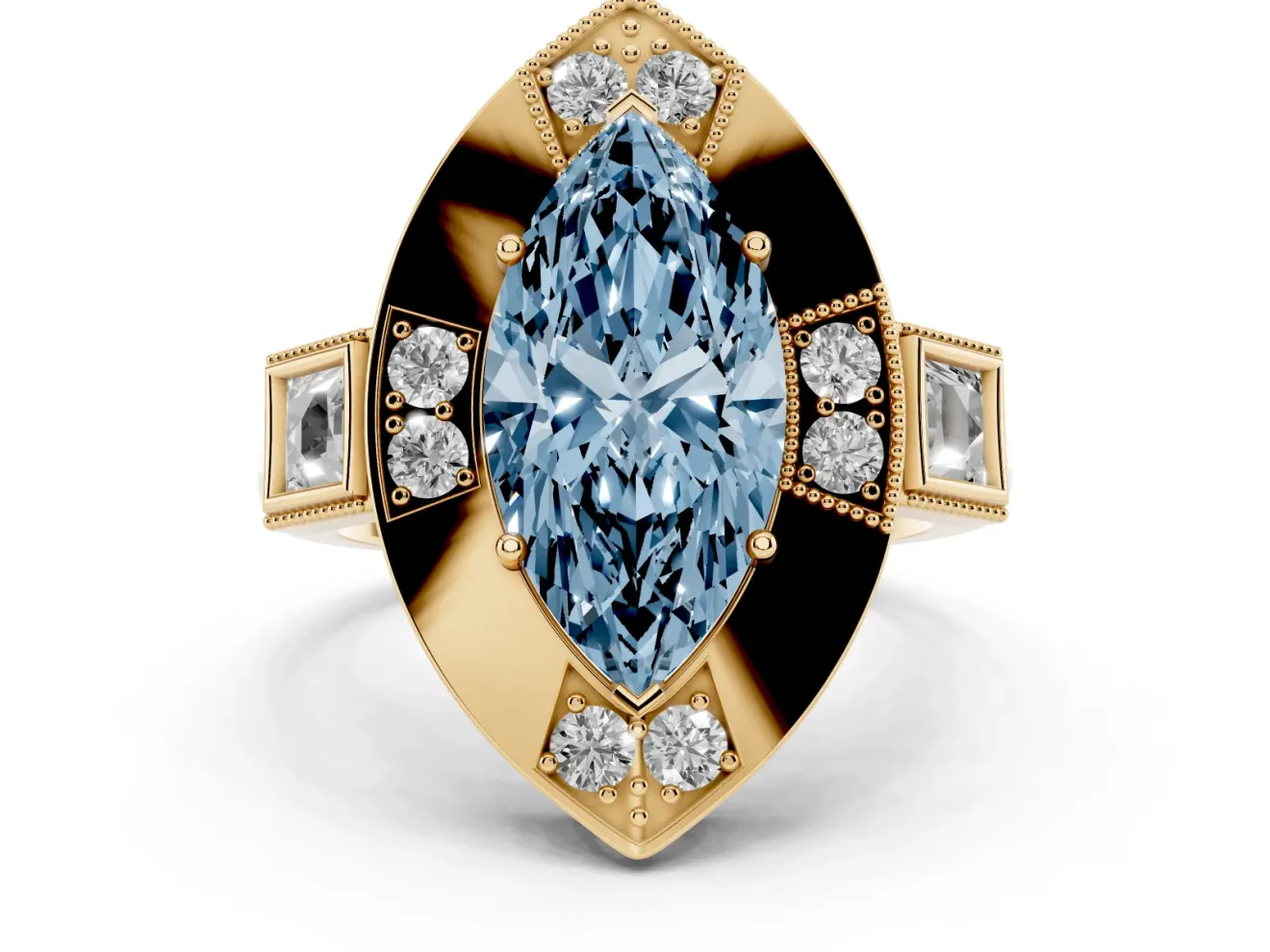 Marquise Milgrain Sectioned Halo Engagement Ring Setting for a Fancy Blue Lab-Grown Diamond | Yellow Gold
