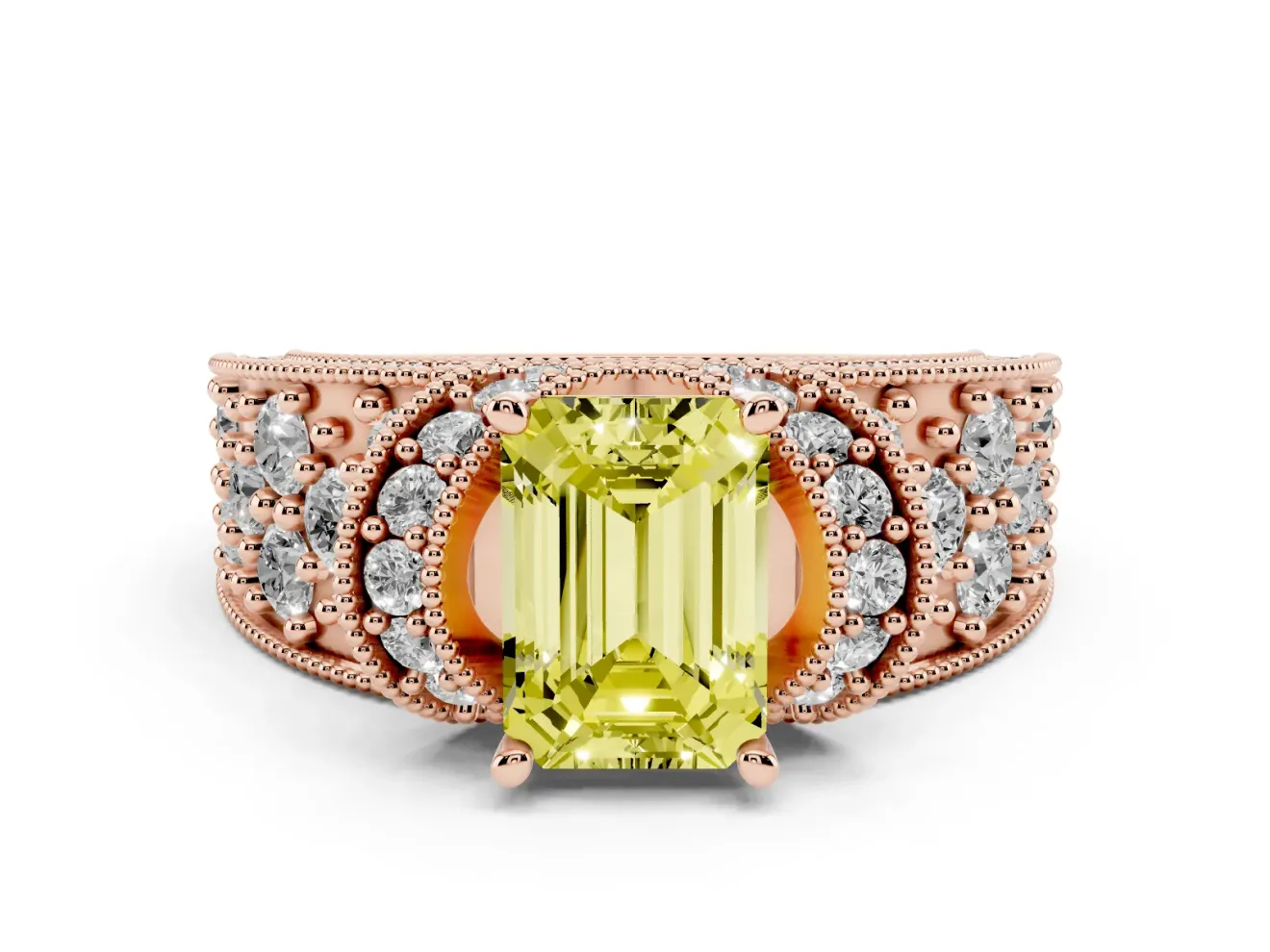 Emerald Cut Vintage Pave Engagement Ring Setting for a Fancy Yellow Lab-Grown Diamond | Milgrain Edges | Rose Gold