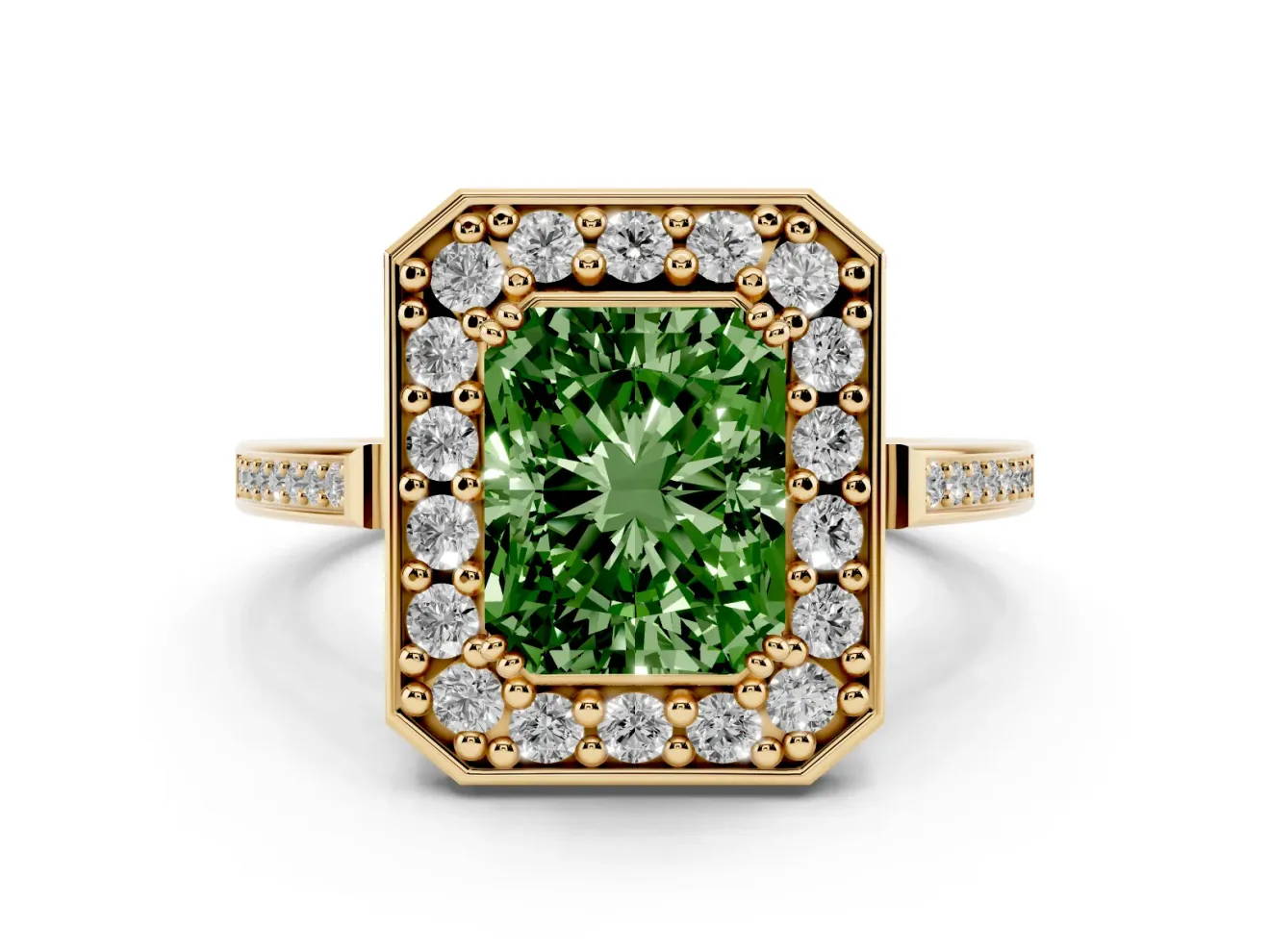 Radiant Cut Halo Engagement Ring Setting for a Fancy Green Lab-Grown Diamond | Polished Halo Rim | Yellow Gold