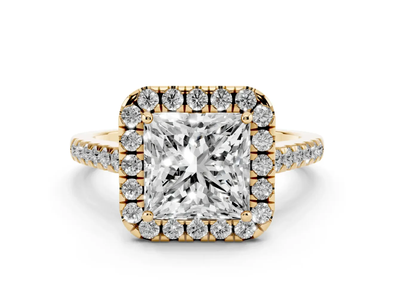 Princess Cut Raised Halo Engagement Ring Setting | Pave Band | Yellow Gold
