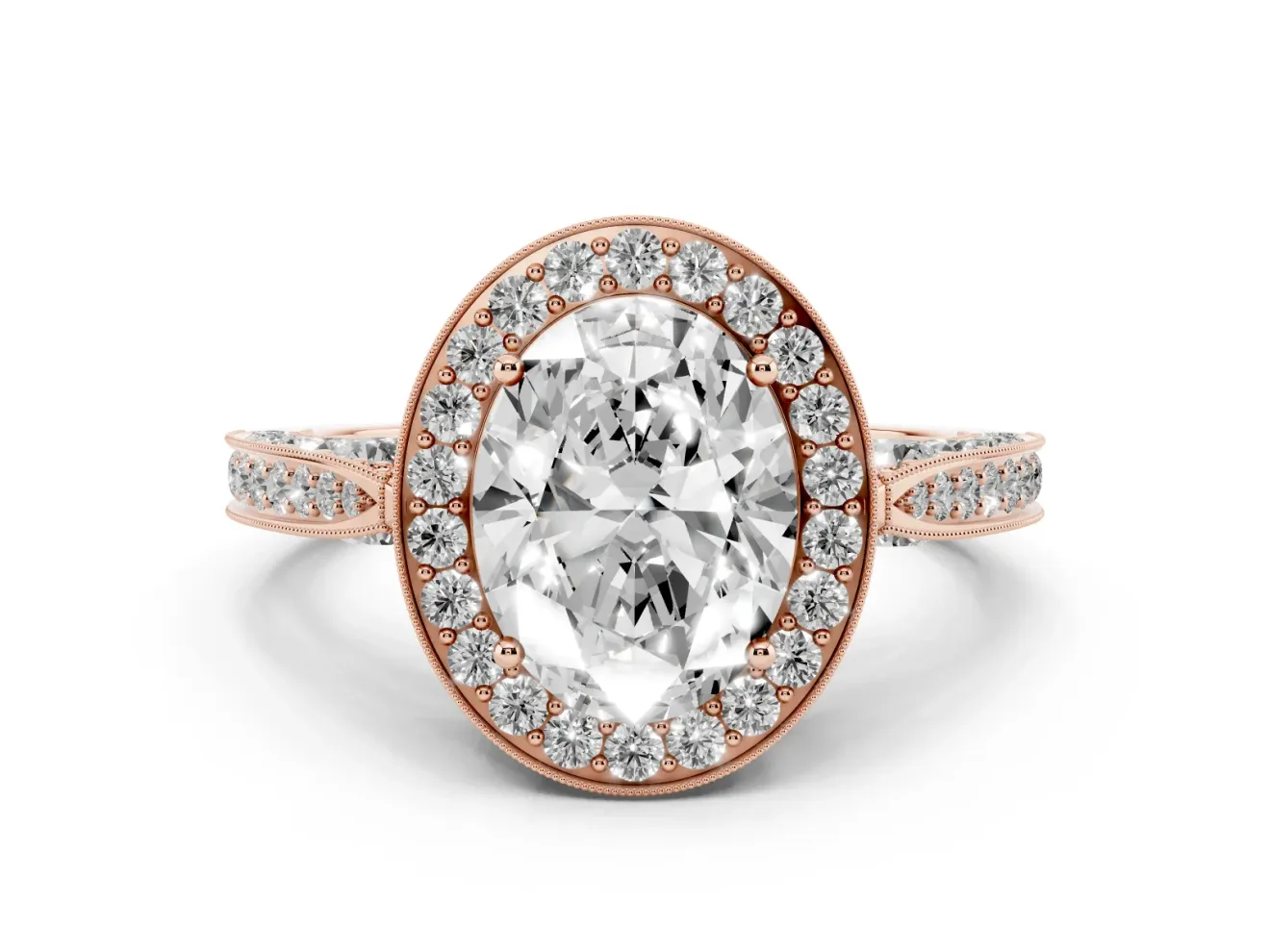 Oval Vintage Milgrain Halo Engagement Ring Setting | Side Stones and Pave | Rose Gold