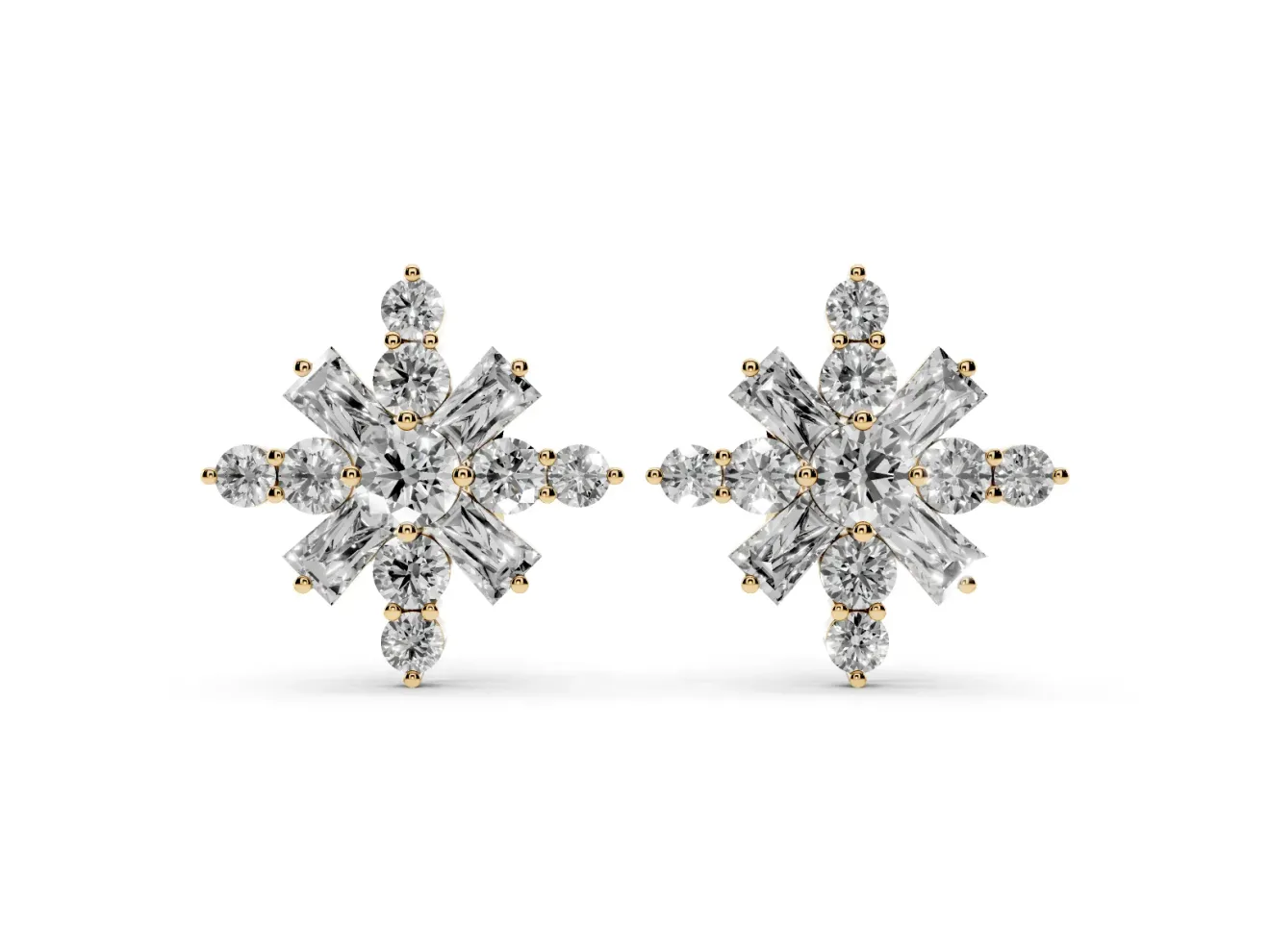 Round Lab-Grown Diamond Snowflake Cluster Stud Earrings | Tapered Baguette Points | Yellow Gold