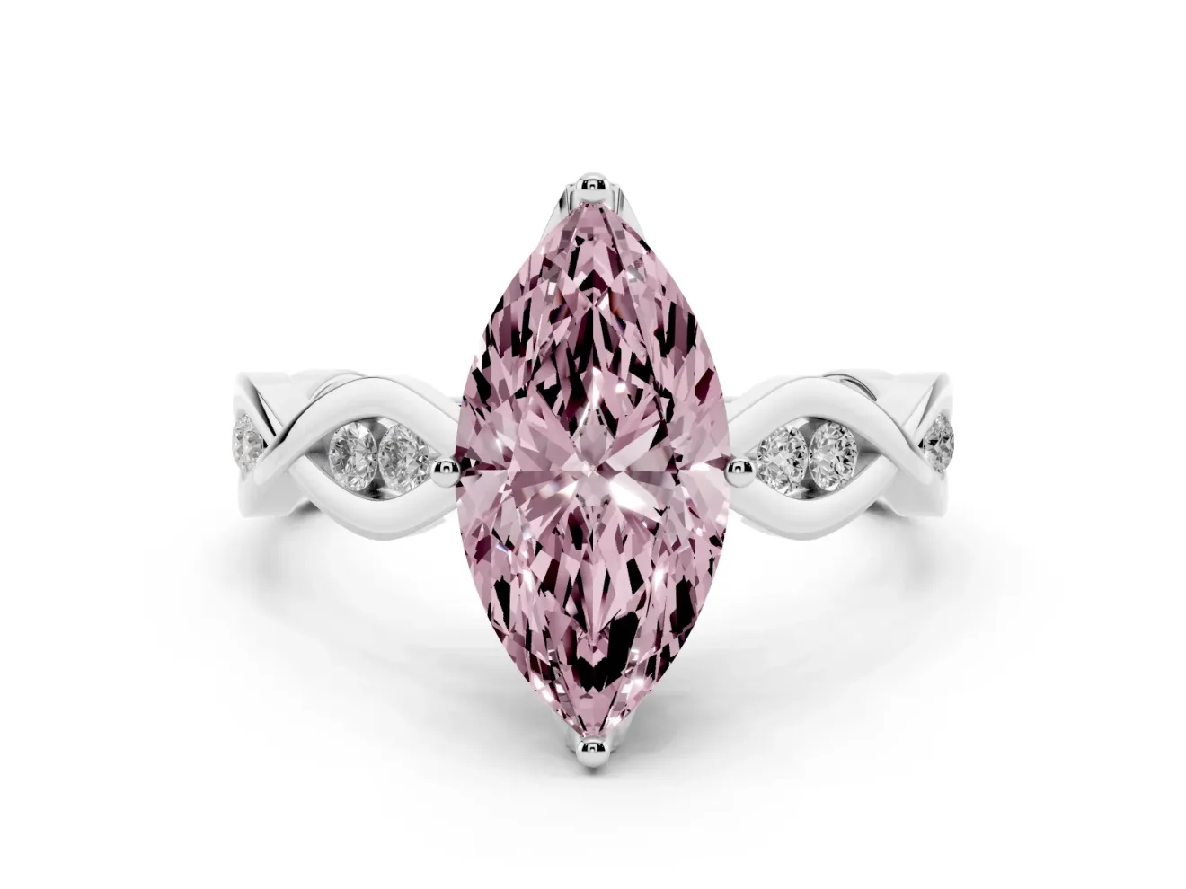 Fancy Pink Marquise Cut Diamond Twist Band Solitaire Ring Set in White gold with Leaf Prong Setting and Accent Stones