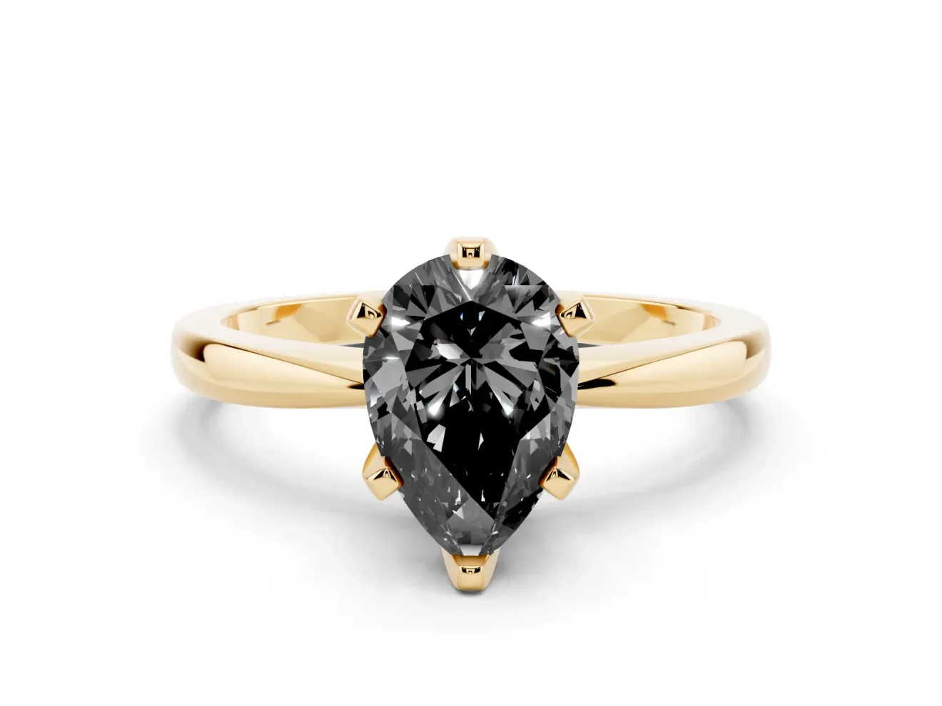 Fancy Black Pear Cut Diamond Solitaire Engagement Ring Set in Yellow gold with Slim Tapered Solitaire Band