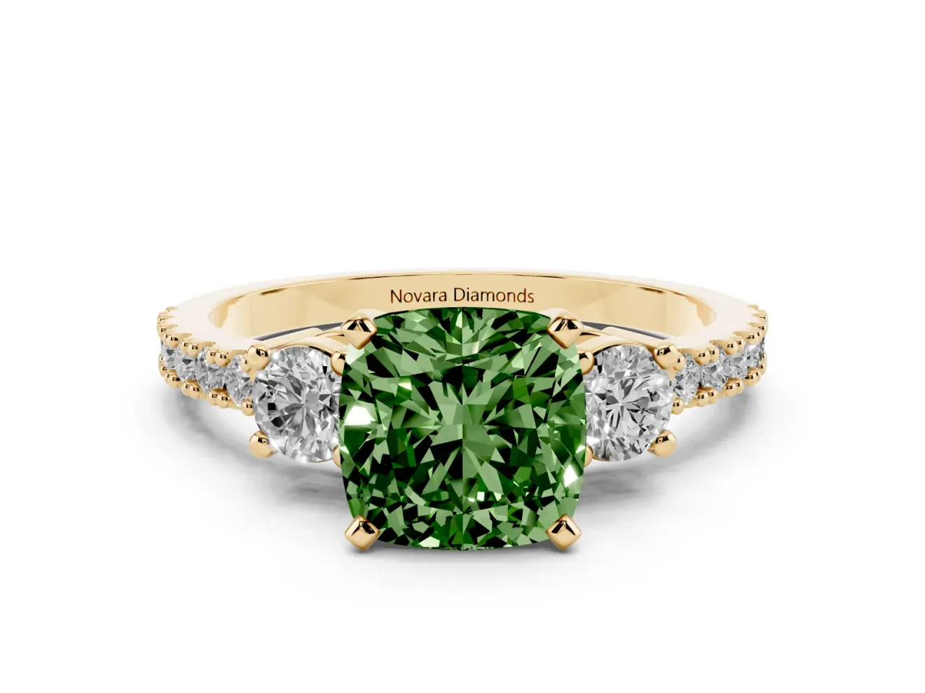 Cushion Cut Three Stone Engagement Ring Setting for a Fancy Green Lab-Grown Diamond | Pavé Band | Yellow Gold