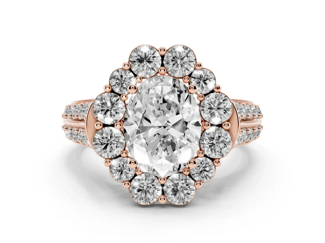 Oval Cut Diamond Halo Engagement Ring Set in Rose gold with Split Shank and Prong Setting