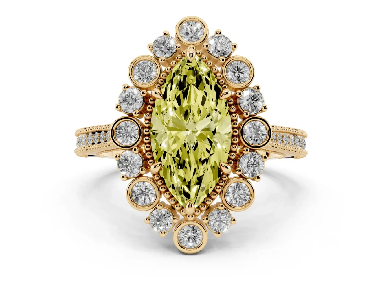 Marquise Scalloped Halo Engagement Ring Setting for a Fancy Yellow Lab-Grown Diamond | Milgrain Edges | Yellow Gold