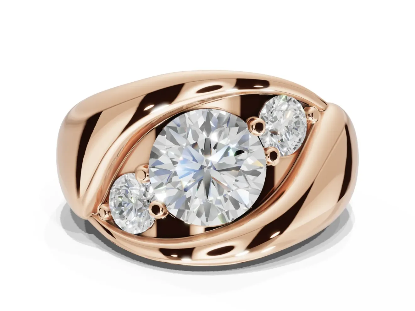 Round Three Stone Bypass Engagement Ring Setting | Sculpted Crossover Band | Rose Gold