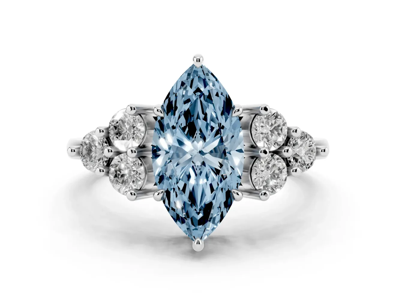 Marquise Cluster Side Stone Engagement Ring Setting for a Fancy Blue Lab-Grown Diamond | Plain Band | Sterling Silver