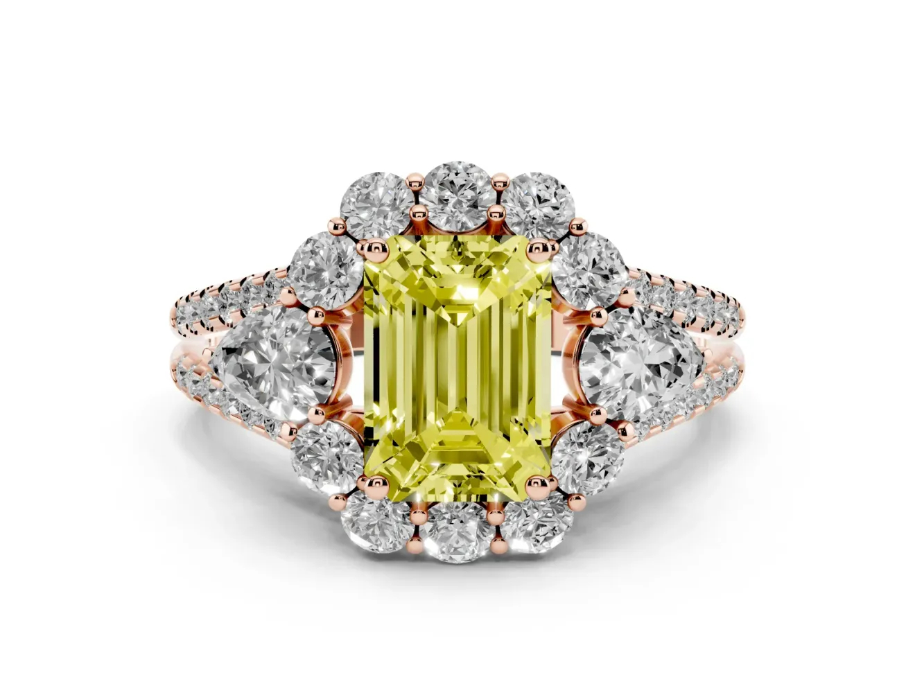 Emerald Cut Scalloped Halo Engagement Ring Setting for a Fancy Yellow Lab-Grown Diamond | Pear Side Stones | Rose Gold