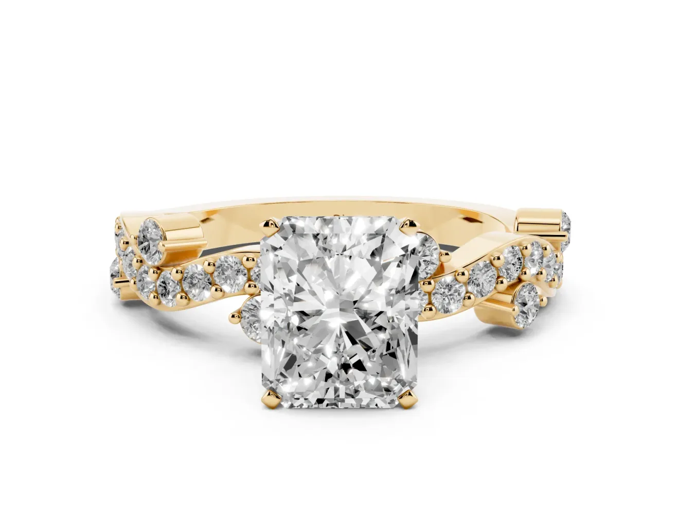 Radiant Cut Twisted Pavé Solitaire Engagement Ring Setting | Bar Stations | Yellow Gold