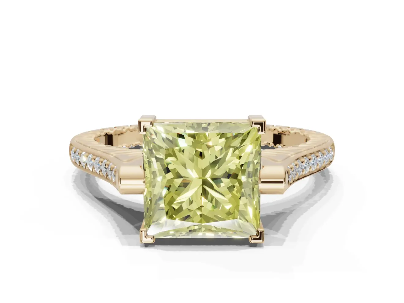 Princess Cut Vintage Cathedral Engagement Ring Setting for a Fancy Yellow Lab-Grown Diamond | Carved Band | Yellow Gold