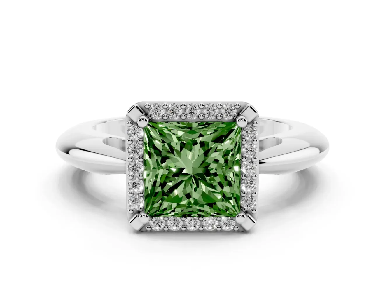 Fancy Green Princess Cut Diamond Halo Engagement Ring Set in Platinum with Plain Split Shank and Prong Setting