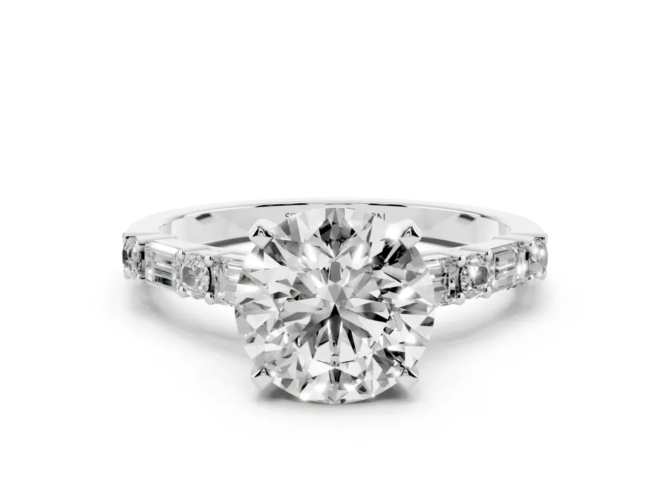 Round Cut Diamond Solitaire Set in Platinum with Side Baguettes and Channel Set Band