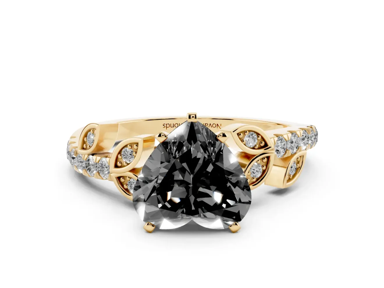 Fancy Black Heart Cut Diamond Solitaire Leaf-Inspired Ring Set in Yellow gold with Pavé Band and Prong Setting