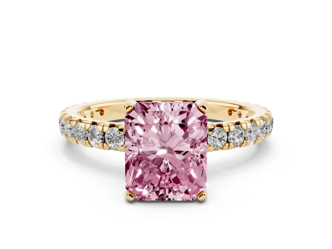 Fancy Pink Radiant Cut Diamond Pavé Solitaire Ring Set in Yellow gold with Round Band and Prong Setting