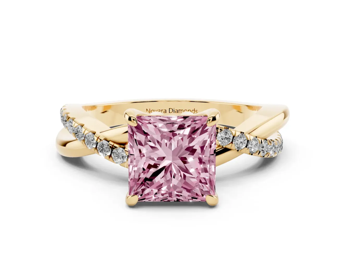 Fancy Pink Princess Cut Diamond Twist Band Solitaire Set in Yellow gold with Pavé Accents and Prong Setting