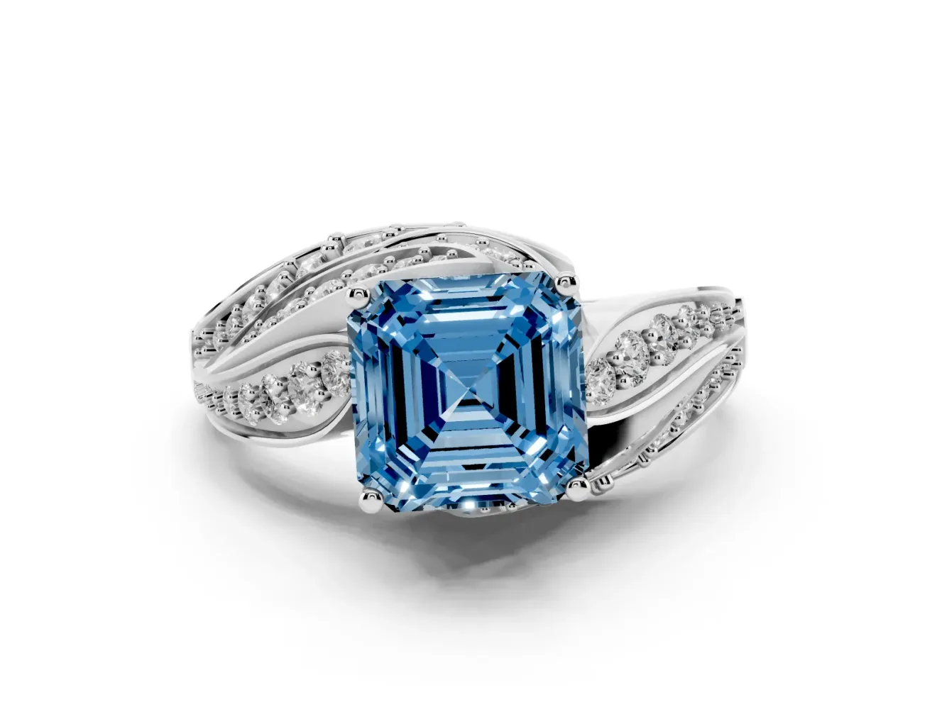 Asscher Cut Bypass Hidden Halo Engagement Ring Setting for a Fancy Blue Lab-Grown Diamond | Graduated Pavé | Platinum