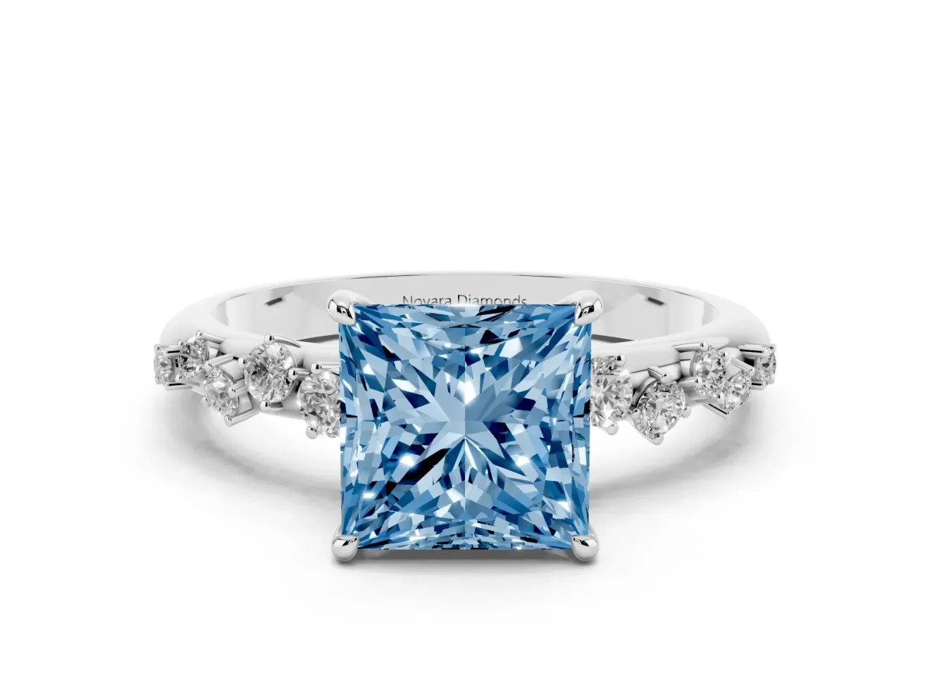 Fancy Blue Princess Cut Diamond Cluster Solitaire Ring Set in Platinum with Prong Setting