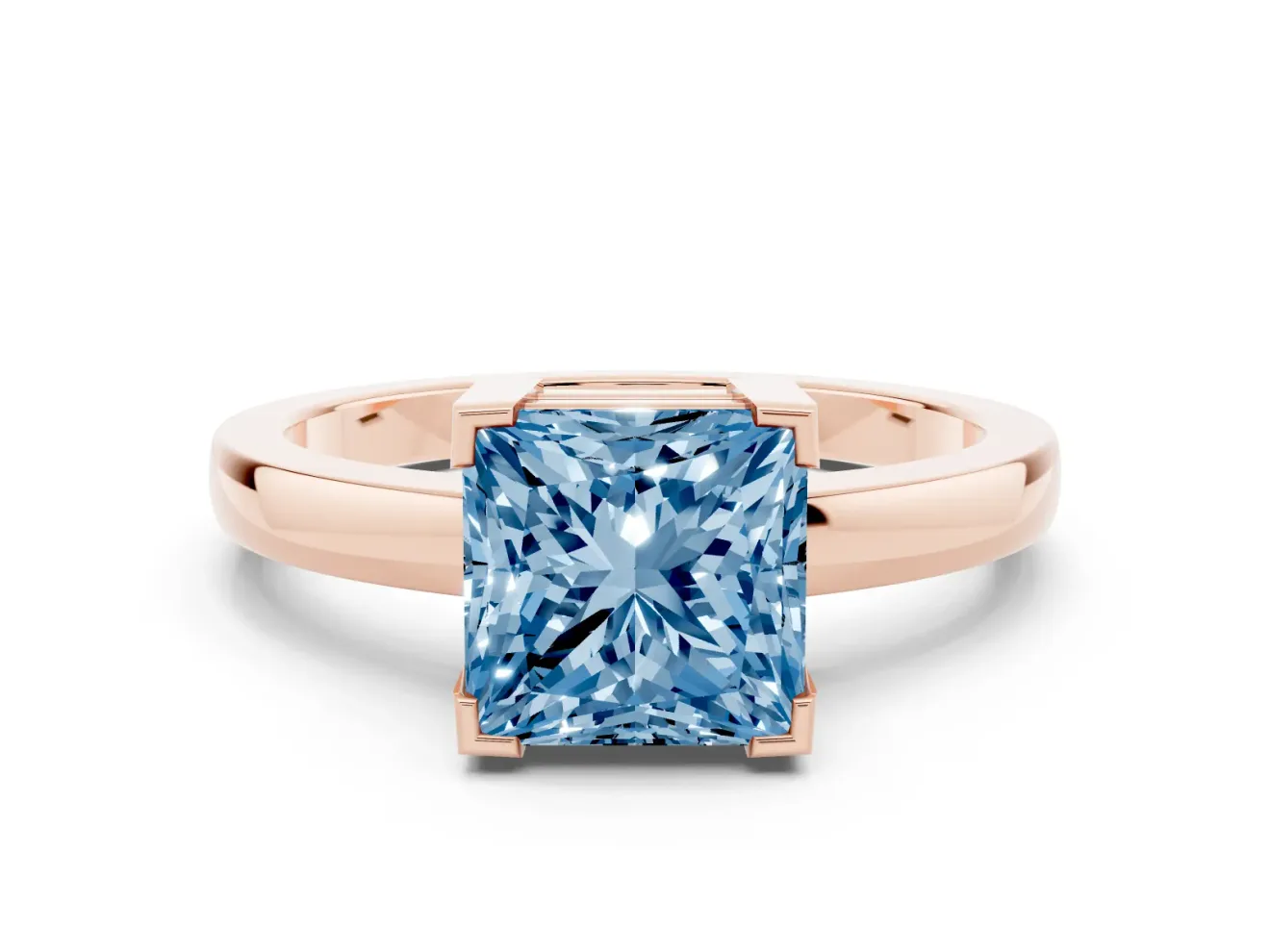 Fancy Blue Princess Cut Diamond Solitaire Ring Set in Rose gold with Prong Head and Smooth Polished Band