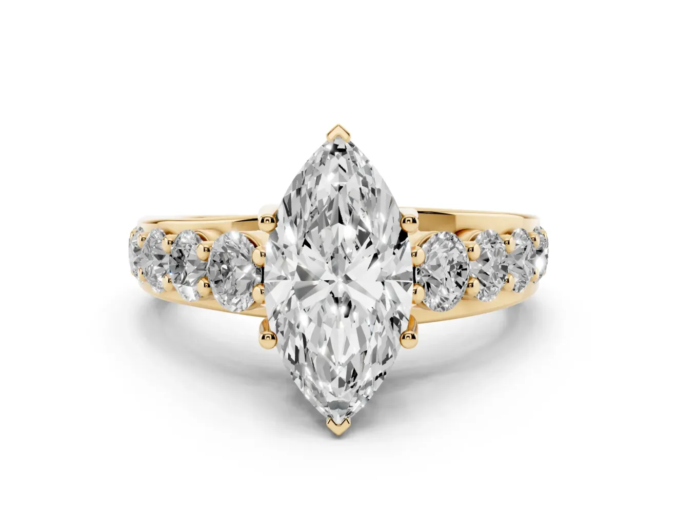 Marquise Graduated Side Stone Engagement Ring Setting | Shared Prong Rails | Yellow Gold