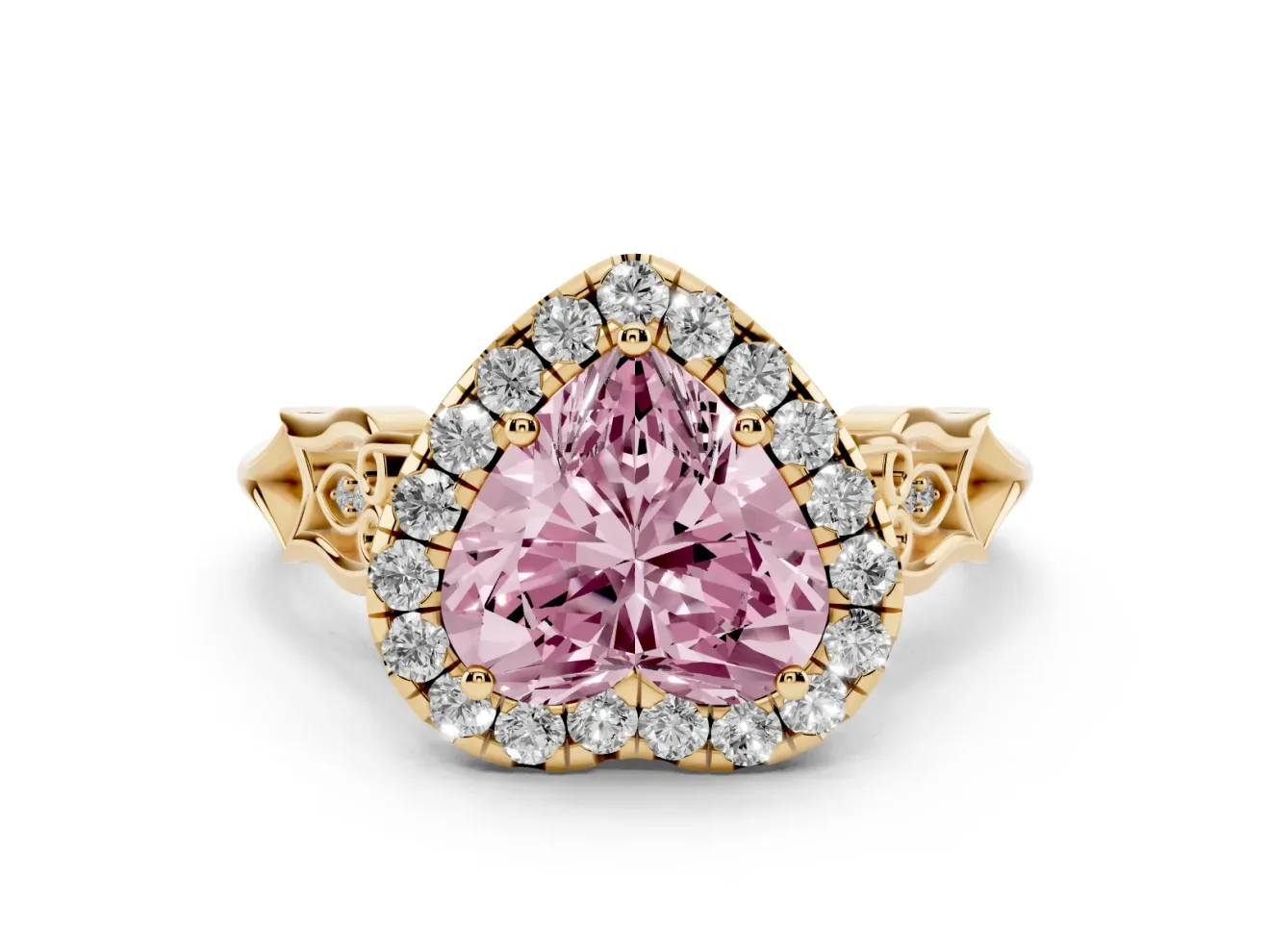 Fancy Pink Heart Cut Diamond Halo Engagement Ring Set in Yellow gold with Filigree Band and Prong-Set Center
