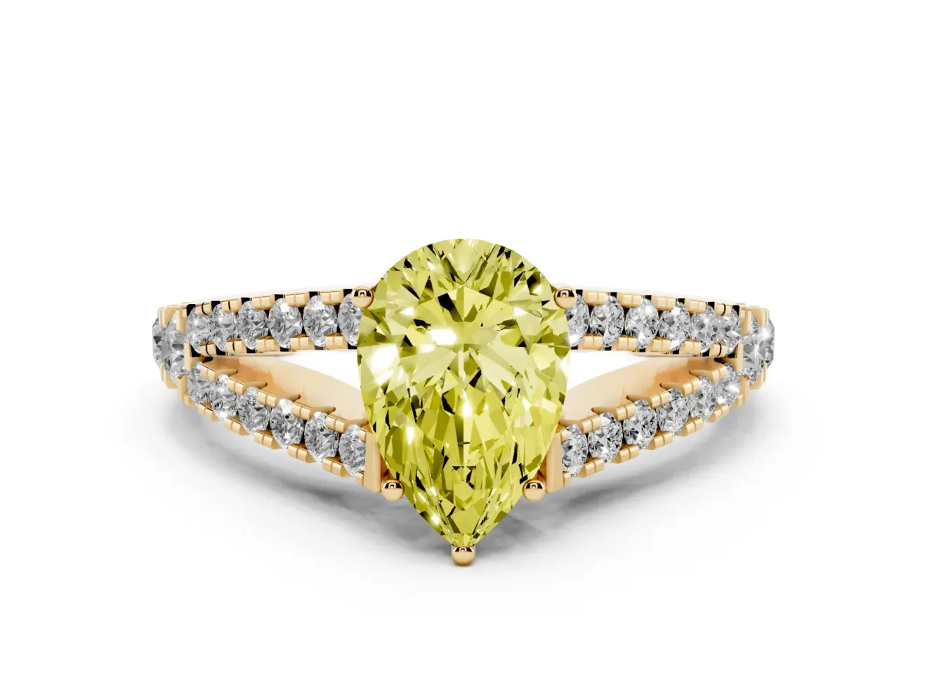 Pear-Shaped Graduated Split Shank Engagement Ring Setting for a Fancy Yellow Lab-Grown Diamond | Yellow Gold