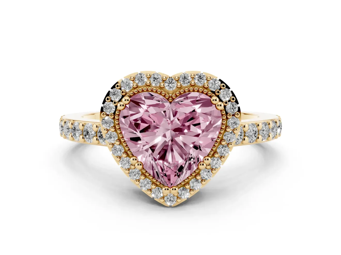 Heart-Shaped Milgrain Halo Engagement Ring Setting for a Fancy Pink Lab-Grown Diamond | Pavé Band | Yellow Gold