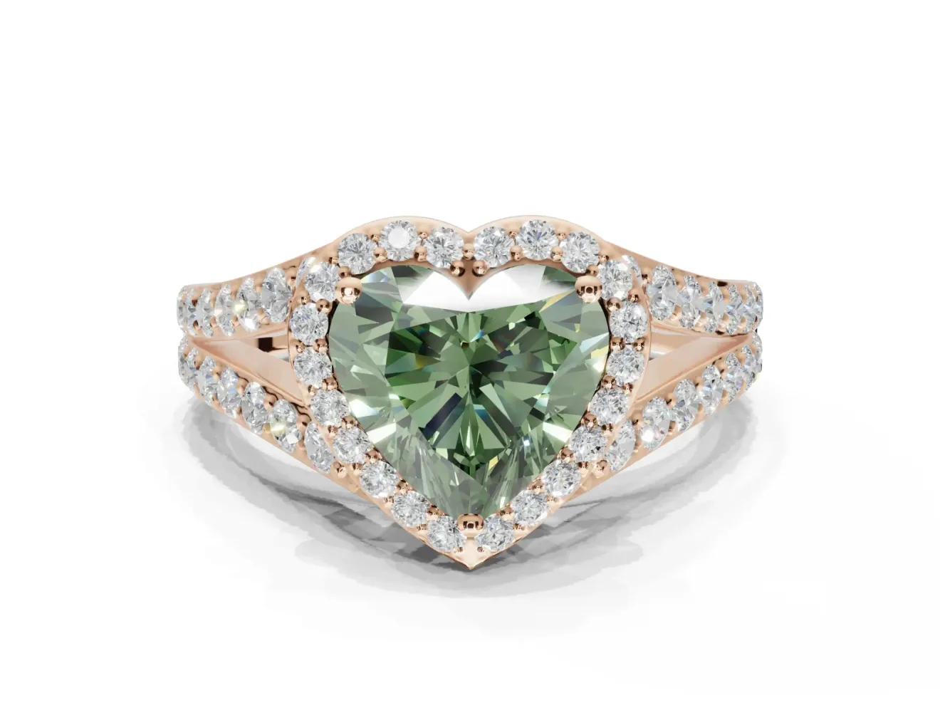 Heart-Shaped Halo Pavé Engagement Ring Setting for a Fancy Green Lab-Grown Diamond | Narrow Split Shank | Rose Gold