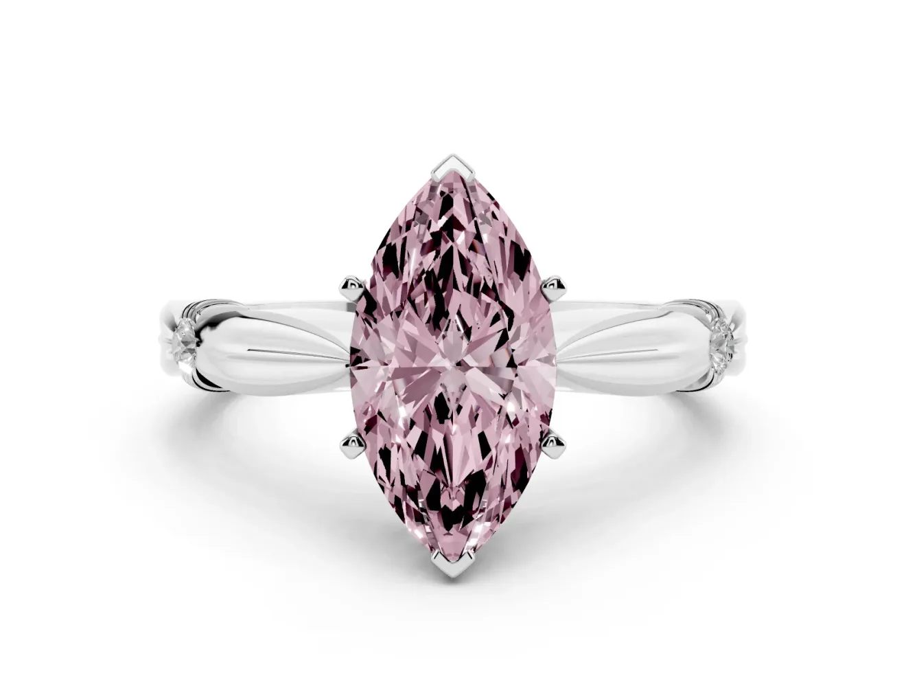 Fancy Pink Marquise Cut Diamond Solitaire Twisted Band Ring Set in Platinum with Accent Stones and Prong Setting