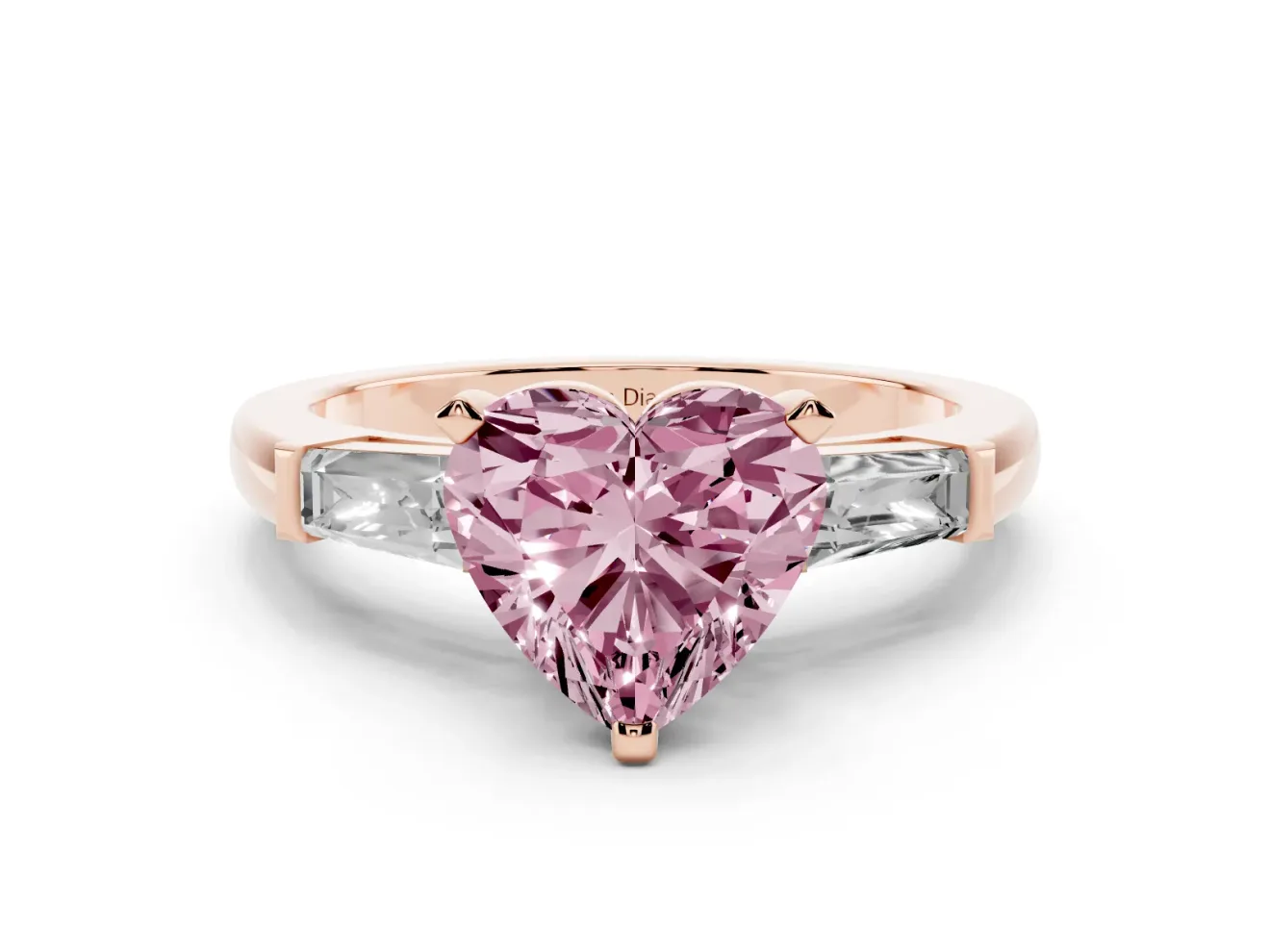 Heart-Shaped Three Stone Engagement Ring Setting for a Fancy Pink Lab-Grown Diamond | Tapered Baguettes | Rose Gold