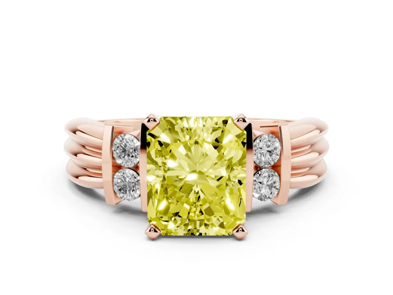 Fancy Yellow Three-Stone Radiant Cut Diamond Channel Set Ring Set in Rose gold with Bar Prongs