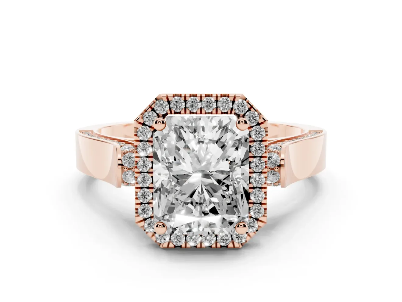 Radiant Cut Halo Engagement Ring Setting | Pavé Panel Shoulders | Rose Gold