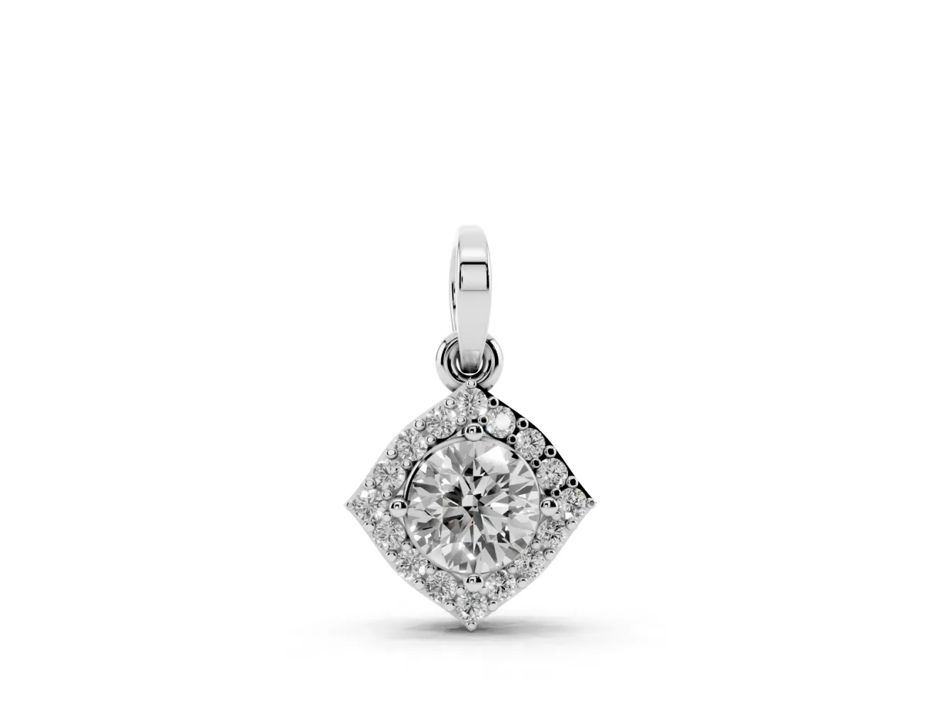Round Lab-Grown Diamond On-Point Halo Pendant Necklace | Curved-Side Frame | Sterling Silver