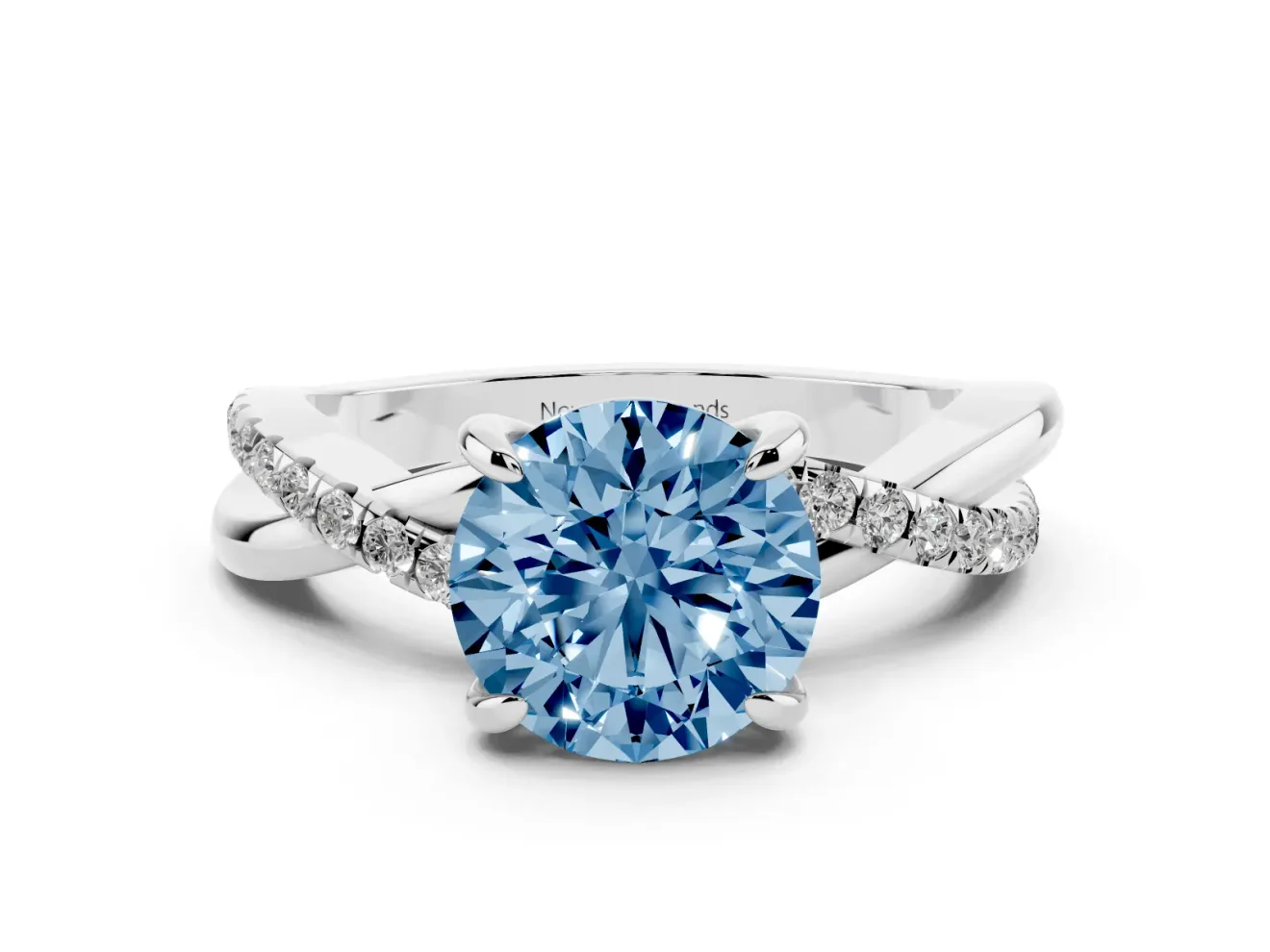 Fancy Blue Round Cut Diamond Twist Band Solitaire Set in Platinum with Pavé Accents and Prong Setting