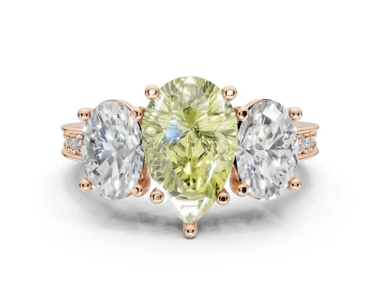 Pear-Shaped Vintage Three Stone Engagement Ring Setting for a Fancy Yellow Lab-Grown Diamond | Rose Gold