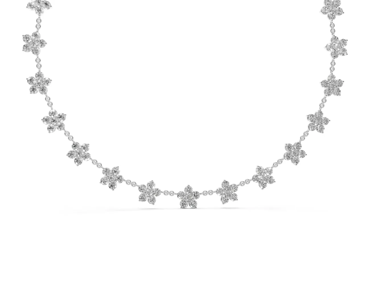 Round Lab-Grown Diamond Floral Cluster Station Necklace | Matching Flowers | White Gold