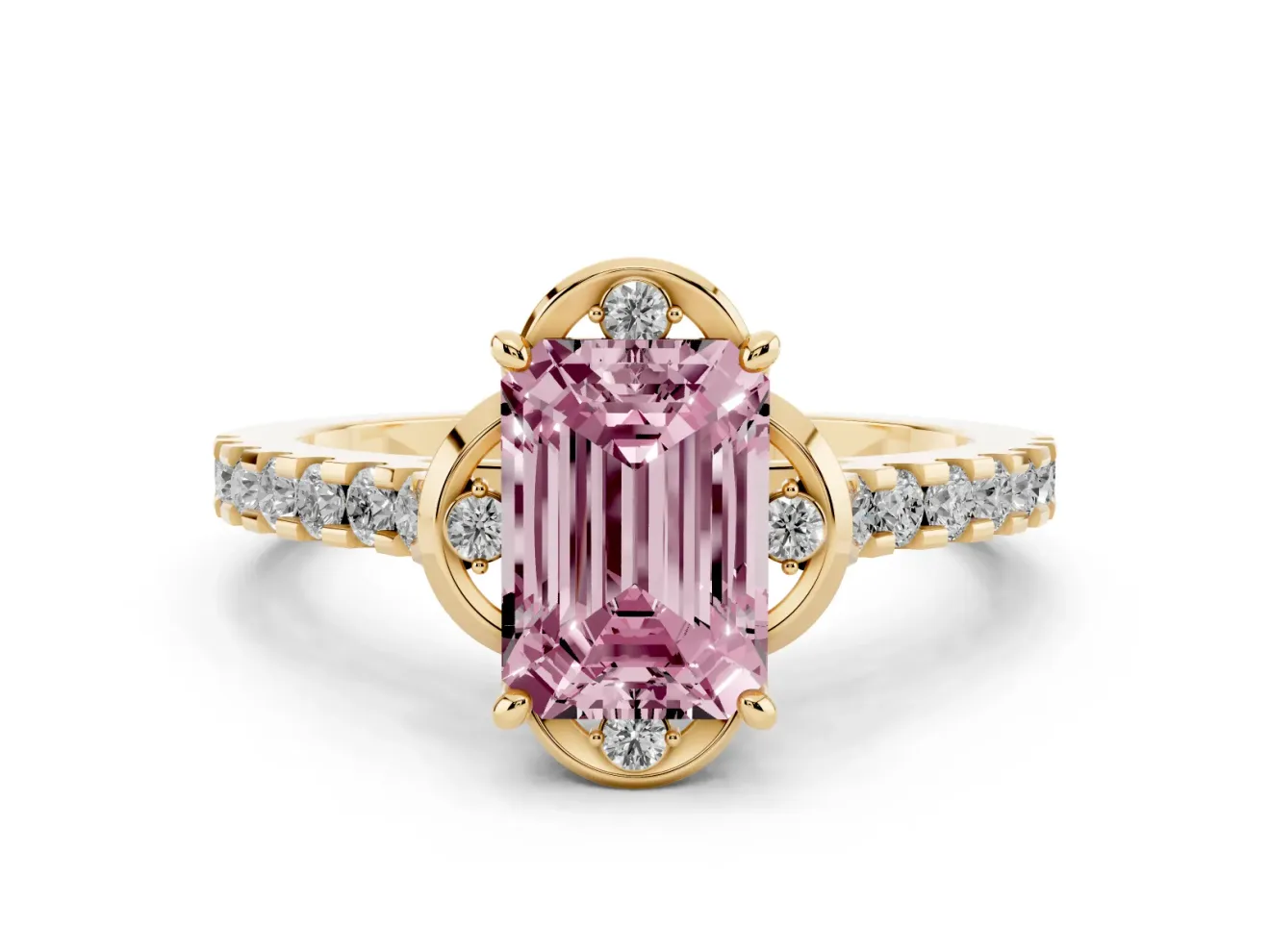 Emerald Cut Floral Petal Engagement Ring Setting for a Fancy Pink Lab-Grown Diamond | Petal Accents | Yellow Gold