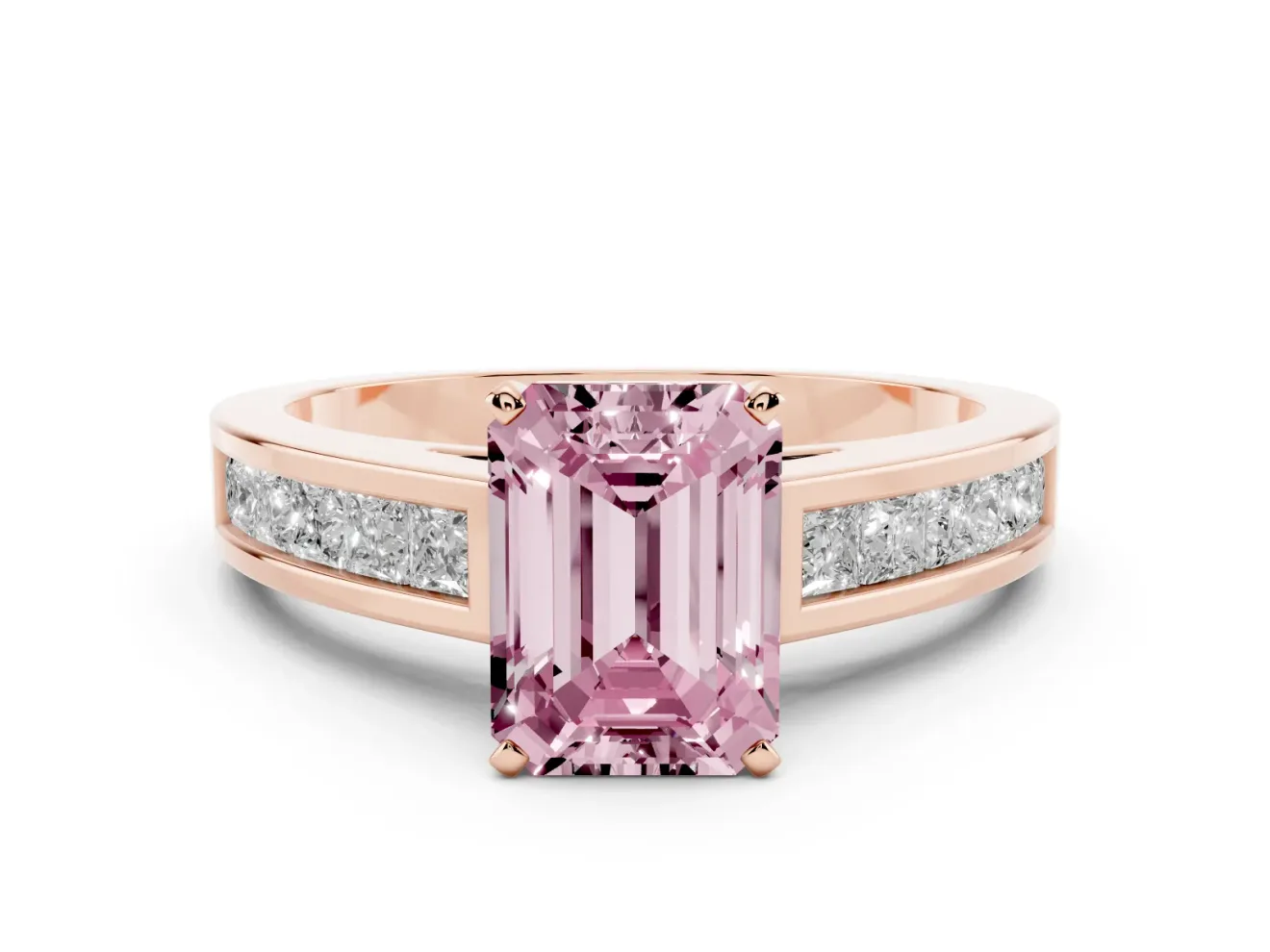 Fancy Pink Emerald Cut Diamond Solitaire Ring Set in Rose gold with Channel-Set Band and Prong Setting