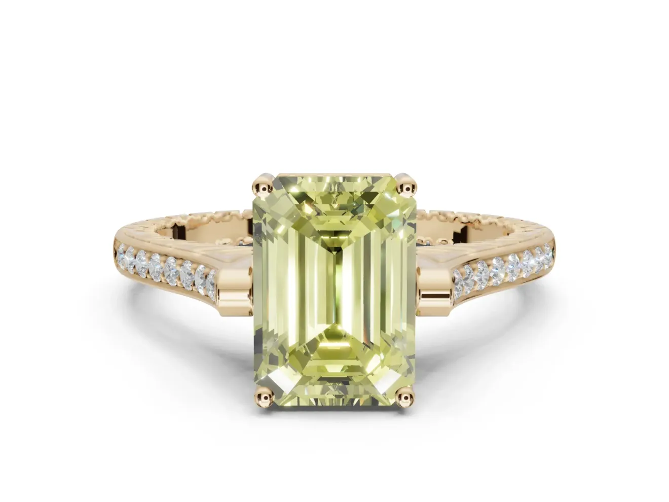 Emerald Cut Vintage Cathedral Engagement Ring Setting for a Fancy Yellow Lab-Grown Diamond | Carved Band | Yellow Gold